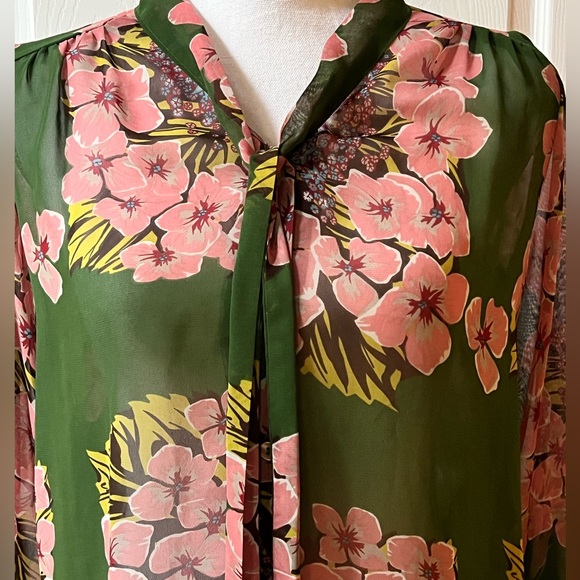 Mina UK Women’s 10 Top Button Up Blouse Floral Tie Neck Green Pink Long Sleeve - Picture 4 of 10